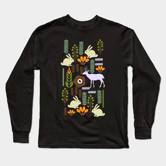 A garden with bunnies and deer Long Sleeve T-Shirt by CocoDes